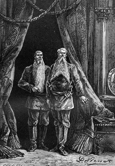 Zeichnung von Leon Benett, aus dem Buch von Jules Verne „Die 500 Millionen der Begum“ - Hetzel-Ausgabe / Außergewöhnliche Reisen 1879. Erscheinung von Arminius und Sigimer, zwei beeindruckende Bärtige. von Léon Benett