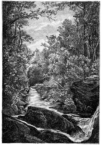 Bergbach mit Felsen und Wasserfall inmitten eines Waldes. Zeichnung von Leon Benett, graviert von Meaulle für die Hetzel-Ausgabe des Buches von Elysee (Elisee) Reclus (1830-1905) „Histoire d