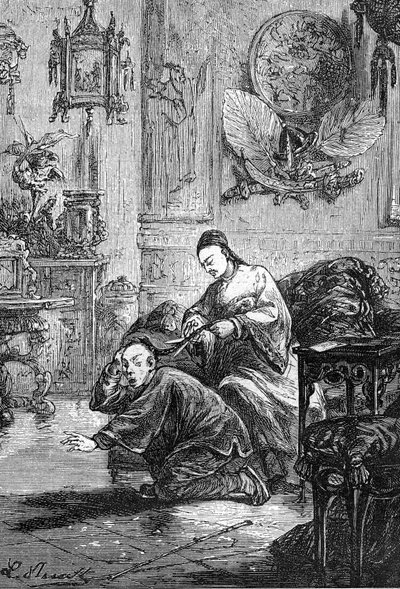 Zeichnung von Leon Benett, aus dem Buch von Jules Verne „Die Leiden eines Chinesen in China“ - Hetzel-Ausgabe/Außergewöhnliche Reisen 1879 von Léon Benett