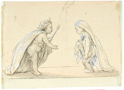 Vignette mit zwei Kindern verkleidet als König und junge Braut von Lorenz Frølich