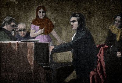 Ludwig van Beethoven spielt die Mondscheinsonate - Gravur nach Lorenz Vogel - Ludwig van Beethoven (1770-1827), deutscher Musiker, spielt die Sonate in UT-Moll (Mondschein - Mondschein) nach dem Gemälde von Lorenz Vogel (1846-1902) von Lorenz Vogel