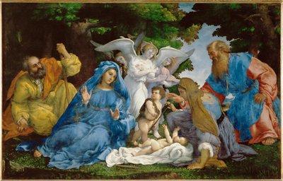 Die Heilige Familie mit drei Engeln, junger Heiliger Johannes von Lorenzo (workshop of) Lotto