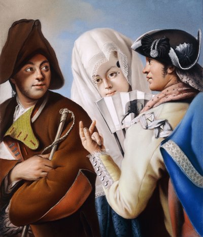 Ein Herr in einer phrygischen Mütze wird von einem Herrn in einem gelben Mantel und einem schwarzen Dreispitz angesprochen, mit einer Dame in einem blauen Brokatkleid und einer weißen Mantilla von Lorenzo Baldissera Tiepolo
