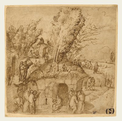 Eine Thebais: Mönche und Einsiedler in einer Landschaft von Lorenzo Costa