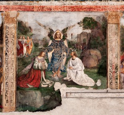 Leben der hl. Cäcilia: die Heilige und St. Valerian gekrönt von einem Engel von Lorenzo Costa