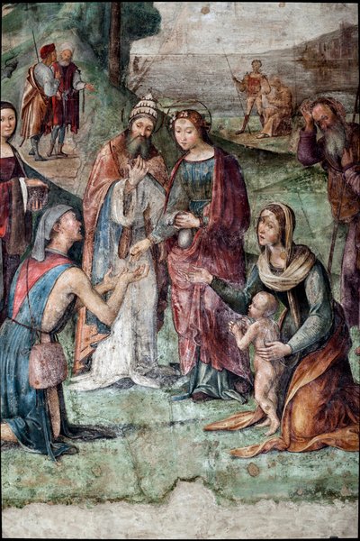 Hl. Cäcilia gibt ihre Besitztümer den Armen (Detail) von Lorenzo Costa