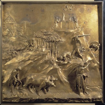 Leben von Kain und Abel: das Opfer, der Mord an Abel und Gott verbannt Kain. Originaltafel der Tür des Paradieses von Lorenzo Ghiberti