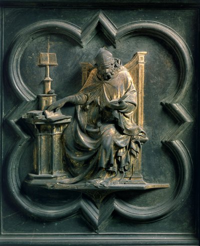 Nordtor (genannt Tor des Kreuzes, Norden), Außendetail: Heiliger Ambrosius. Bronzeskulptur von Lorenzo Ghiberti (1378-1455) von Lorenzo Ghiberti
