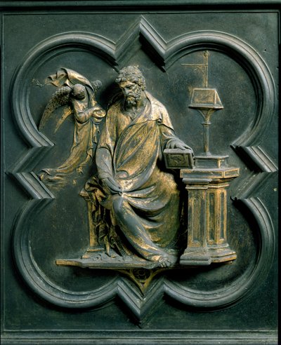 Nordtor (genannt Kreuztor, nach Norden), Außendetail: Heiliger Matthäus. Bronzeskulptur von Lorenzo Ghiberti von Lorenzo Ghiberti