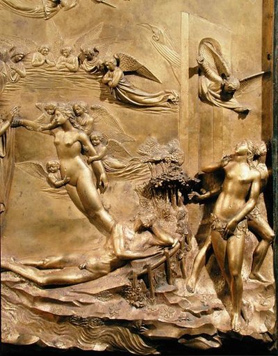 Die Geschichte von Adam, Detail der Erschaffung Evas und der Vertreibung, von einem der Originaltafeln der Osttüren des Baptisteriums von Lorenzo Ghiberti