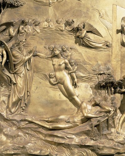 Die Geschichte von Adam, Detail der Erschaffung von Eva, von einem der Originaltafeln der Osttüren des Baptisteriums, 1425-52 (nach Restaurierung) von Lorenzo Ghiberti