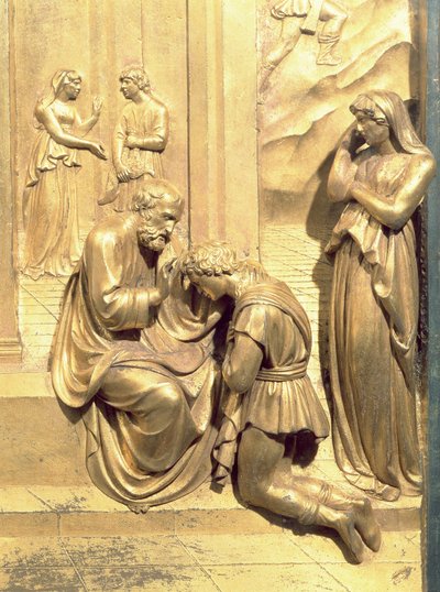Die Geschichte von Jakob und Esau, Detail von Isaak segnet Jakob, von der Originaltafel der Osttüren des Baptisteriums, 1425-52 (nach Restaurierung) von Lorenzo Ghiberti