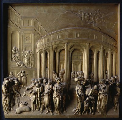Die Geschichte von Joseph: Joseph wird in die Sklaverei verkauft, Das Finden des Silberbechers und Joseph wird von seinen Brüdern erkannt, eines von zehn Reliefpanelen von den Toren des Paradieses von Lorenzo Ghiberti