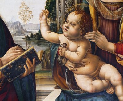 Jesuskind, Detail aus Madonna mit Kind und Heiligen von Lorenzo di Credi
