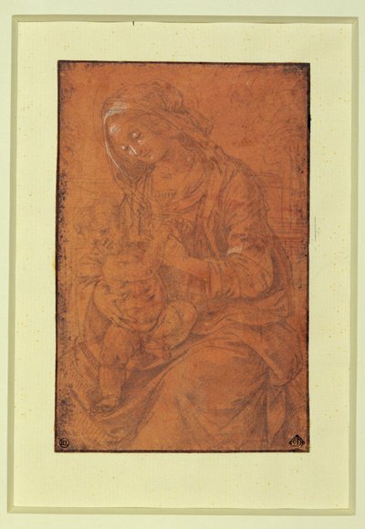 Madonna. Silberstift, gehöht auf lachsfarbenem Papier von Lorenzo di Credi