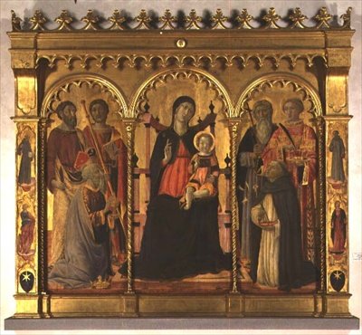 Madonna und Kind auf dem Thron mit Heiligen (Triptychon) von Lorenzo di Pietro Vecchietta