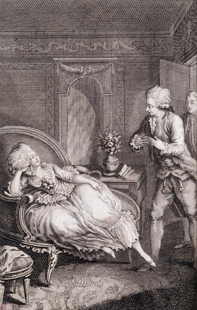 Gentilhomme erklärt einer Dame seine Liebe, die auf einer Schäferin schmachtet - in „Les françaises ou 34 exemples choisis dans les moeurs actuelles propres à diriger les filles, les femmes, les mères“ von Restif de La Bretonne (1734-1806), ill. von Binet, von Louis (after) Binet