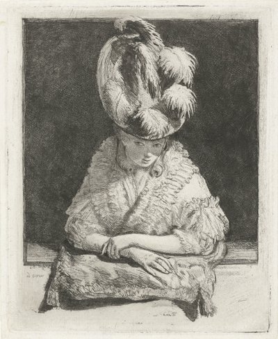 Porträt einer jungen Frau mit Hut, die aus dem Fenster schaut von Louis Bernard Coclers