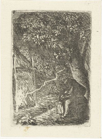 Frau und Kind suchen Schutz vor dem Blitz unter einem Baum von Louis Bernard Coclers