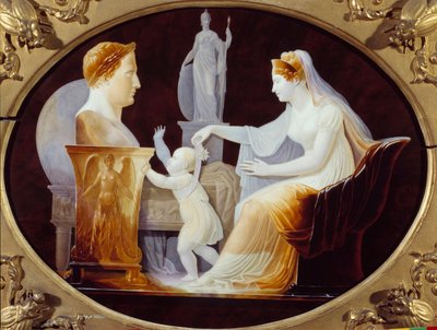 Die Kaiserin Marie Louise führt die ersten Schritte des Königs von Rom Napoleon II, Herzog von Reichstadt (1811-1832), Sohn von Kaiser Napoleon I (1769-1821), vor der Büste seines Vaters. Porzellanteller von Louis Bertin Parant (1768-1851) 1813 von Louis Bertin Parant