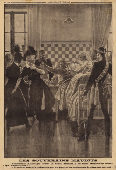 Wütende Reaktion eines verwundeten Soldaten im Krankenhaus auf einen Besuch von Kaiserin Augusta Victoria, Erster Weltkrieg von Louis Charles (after) Bombled