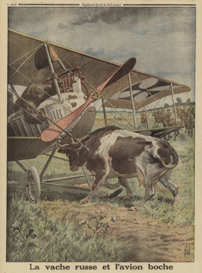 Kuh verhindert den Start eines deutschen Flugzeugs, Luzk, Russland, Erster Weltkrieg von Louis Charles (after) Bombled