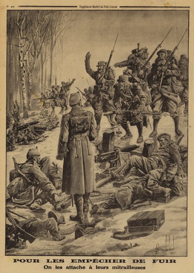 Französische Soldaten erobern eine deutsche Stellung, die von feindlichen Soldaten besetzt ist, die von ihren Offizieren an ihre Maschinengewehre gefesselt wurden, um sie am Rückzug zu hindern, Erster Weltkrieg von Louis Charles (after) Bombled