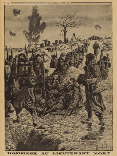 Französische Soldaten erweisen einem im Einsatz gefallenen Leutnant die letzte Ehre, Erster Weltkrieg von Louis Charles (after) Bombled