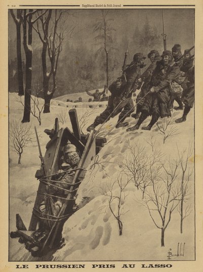 Deutscher Soldat in einer Wachbox, gefangen von französischen Chasseurs Alpins mit einem Lasso, Erster Weltkrieg von Louis Charles (after) Bombled