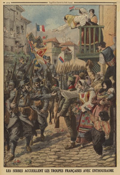 Serbische Zivilisten begrüßen begeistert die Ankunft französischer Truppen, Erster Weltkrieg von Louis Charles (after) Bombled