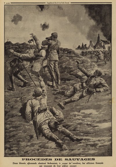 Zwei verwundete deutsche Soldaten schießen französische Offiziere, die ihnen Schutz boten, in den Rücken, Erster Weltkrieg von Louis Charles (after) Bombled