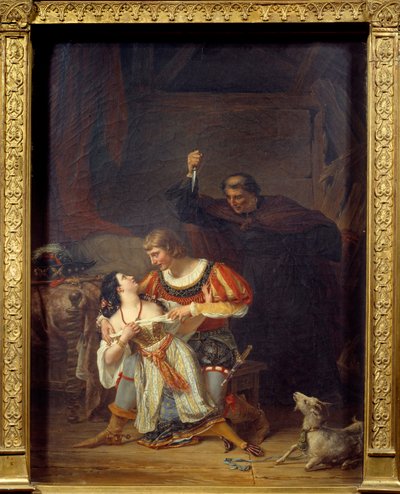 Archidiakon Frollo und Esmeralda. Phoebus und Esmeralda umarmen sich, hinter Phoebus erscheint Claude Frollo mit einem Dolch, um seinen Rivalen im Herzen der Zigeunerin zu töten. Illustration aus „Notre Dame de Paris“ von Victor Hugo. Gemälde von Auguste C von Louis Charles Auguste Couder