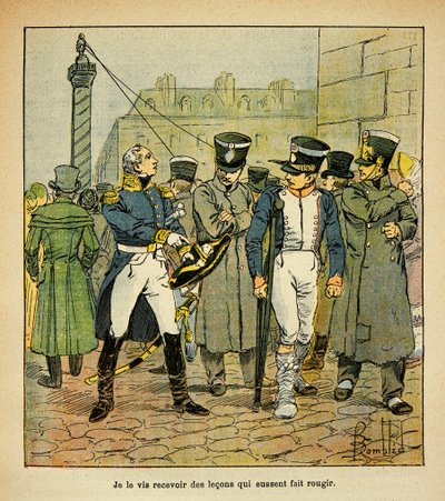 Illustration von Louis Bombled aus dem Buch „Das Memorial von Saint Helene“ von Graf Emmanuel de Las Cases: Ein ehemaliger Offizier Napoleons ruft unter der Restauration ehemalige Rekruten auf, das Kaiserreich abzulehnen, Teilsammlung von Louis Charles Bombled