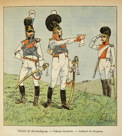 Illustration aus dem Buch „The Memorial of Saint Helene“ von Graf Emmanuel de Las Cases: Bayerisches Militär: Oberst der leichten Kavallerie; Bayerischer Offizier; Oberst der Dragoner von Louis Charles Bombled