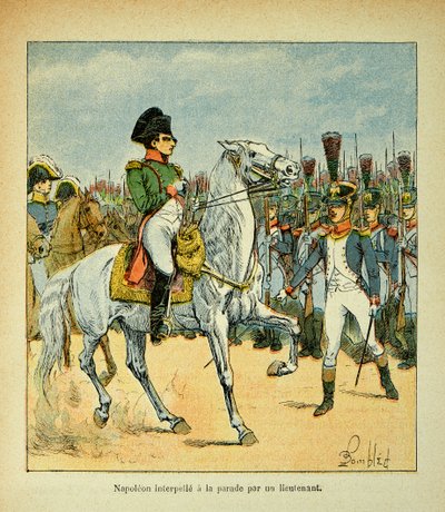 Illustration von Bombled Louis (1862-1927) aus dem Buch „Das Memorial von St. Helena“ von Graf Emmanuel de Las Cases (1766-1842): Napoleon ruft eine Parade durch einen Leutnant, Private Sammlung von Louis Charles Bombled