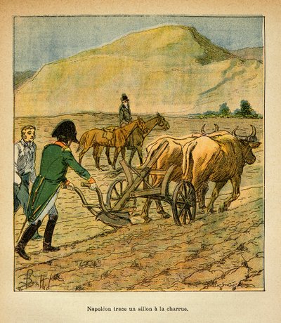 Auf St. Helene zieht der Kaiser Napoleon eine Furche mit dem Pflug, aus dem Buch „The Memorial of Saint Helene“ von Graf Emmanuel de Las Cases von Louis Charles Bombled