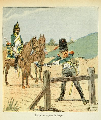 Illustration aus dem Buch „The Memorial of Saint Helene“ von Graf Emmanuel de Las Cases: Französische Armee: Dragoner und Dragoner-Pionier von Louis Charles Bombled