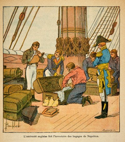 Illustration von Louis Bombled aus dem Buch „Das Memorial von Saint Helene“ von Graf Emmanuel de Las Cases: Die englische Admiralität macht ein Inventar des Gepäcks von Kaiser Napoleon vor seiner Abreise nach St. Helene 1815 von Louis Charles Bombled