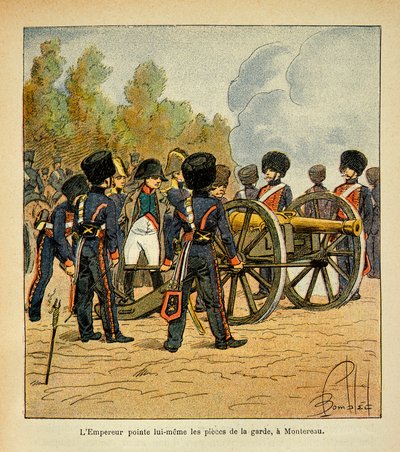 Illustration von Louis Bombled aus dem Buch „Das Memorial von Saint Helene“ von Graf Emmanuel de Las Cases: Kaiser Napoleon richtet selbst die Kanonen der Garde in der Schlacht von Montereau von Louis Charles Bombled