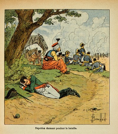 Illustration von Louis Bombled aus dem Buch „Das Memorial von Saint Helene“ von Graf Emmanuel de Las Cases: Der Kaiser Napoleon schläft während der Schlacht von Louis Charles Bombled