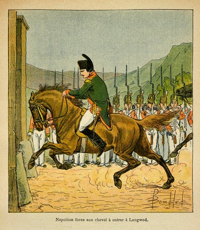 Illustration aus dem Buch „The Memorial of St. Helene“ von Graf Emmanuel de Las Cases: Kaiser Napoleon zwingt sein Pferd, Longwood auf St. Helene zu betreten von Louis Charles Bombled