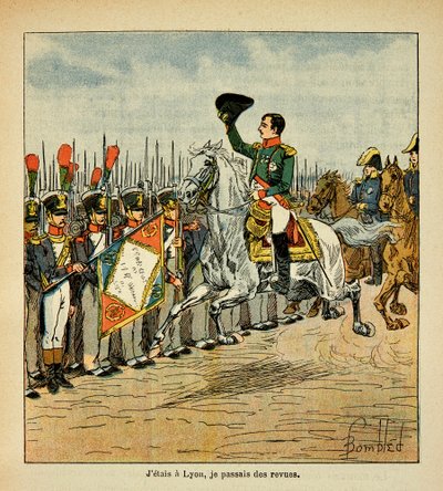 Illustration aus dem Buch „The memorial se Sainte Helene“ von Graf Emmanuel de Las Cases: Der Kaiser Napoleon inspiziert die Truppen von Louis Charles Bombled