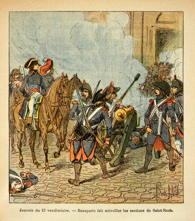 Illustration von Louis Bombled (1862-1927) aus dem Buch „Das Memorial von Saint Helena“ von Graf Emmanuel de Las Cases (1766-1842): Am Freitag, dem 13., lässt Bonaparte die Sektionen von Saint Roch mit einer Kanone beschießen, Privatbesitz von Louis Charles Bombled