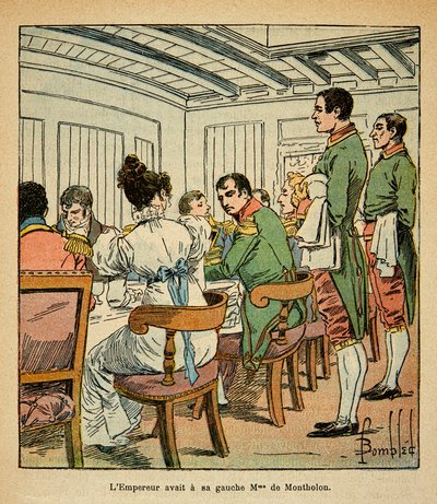 Illustration von Louis Bombled (1862-1927) aus dem Buch „Das Memorial von St. Helena“ von Graf Emmanuel de Las Cases (1766-1842): Abendessen von Kaiser Napoleon an Bord der Northumberland auf dem Weg nach St. Helena, mit Frau De Montholon zu seiner Linken von Louis Charles Bombled