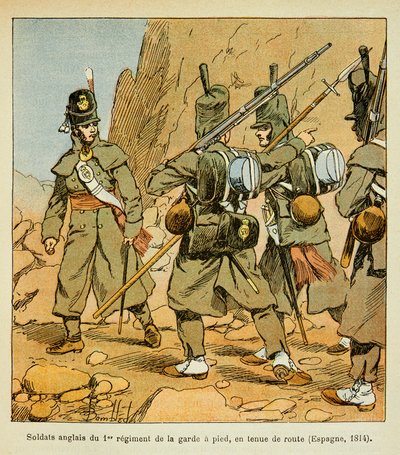 Illustration von Louis Bombled (1862-1927) aus dem Buch „Das Memorial von St. Helena“ von Graf Emmanuel de Las Cases (1766-1842): Englische Soldaten des 1. Regiments der Garde in einem Rastplatz (Spanien 1814) von Louis Charles Bombled