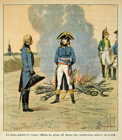 Illustration von Louis Bombled (1862-1927) aus dem Buch „Das Memorial von St. Helena“ von Graf Emmanuel de Las Cases (1766-1842): Erstes Treffen zwischen Bonaparte und Marschall Henri Gatien Bertrand (1773-1844), damals Offizier des Genie in der Armee von  von Louis Charles Bombled