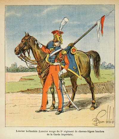 Illustration aus dem Buch „The Memorial of Saint Helene“ von Graf Emmanuel de Las Cases: Porträt eines niederländischen Lanzenträgers (Roter Lanzenträger des 2. Regiments der leichten Kavallerie der Kaiserlichen Garde) von Louis Charles Bombled