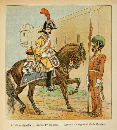 Illustration von Louis Bombled aus dem Buch „Das Memorial von Saint Helene“ von Graf Emmanuel de Las Cases: Spanische Armee: Dragoner des 1. Regiments und Lanzenreiter des 1. Regiments des Kanals von Louis Charles Bombled