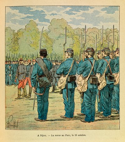Die Armee des Ostens von Eugene Sergeant, genannt Grenest, illustriert von Louis Bombled (1862-1927) (Französisch-Deutscher Krieg; Feldzug von 1870-1871): In Dijon, das Magazin der Nationalgarde im Park am 19. Oktober von Louis Charles Bombled