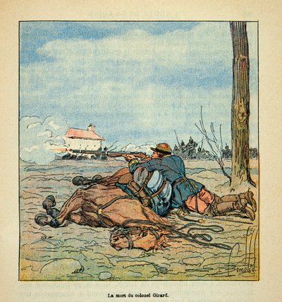 Die Armee der Loire von Eugene Sergent, illustriert von Louis Bombled (Deutsch-Französischer Krieg; Feldzug von 1870-1871): Tod von Oberst Girard während der Kämpfe von Neuville aux Bois im November 1870, Privatsammlung von Louis Charles Bombled